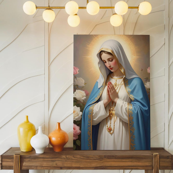 Praying Virgin Mary Canvas – Blue & White Robe with Roses and Divine Light - Gifitto