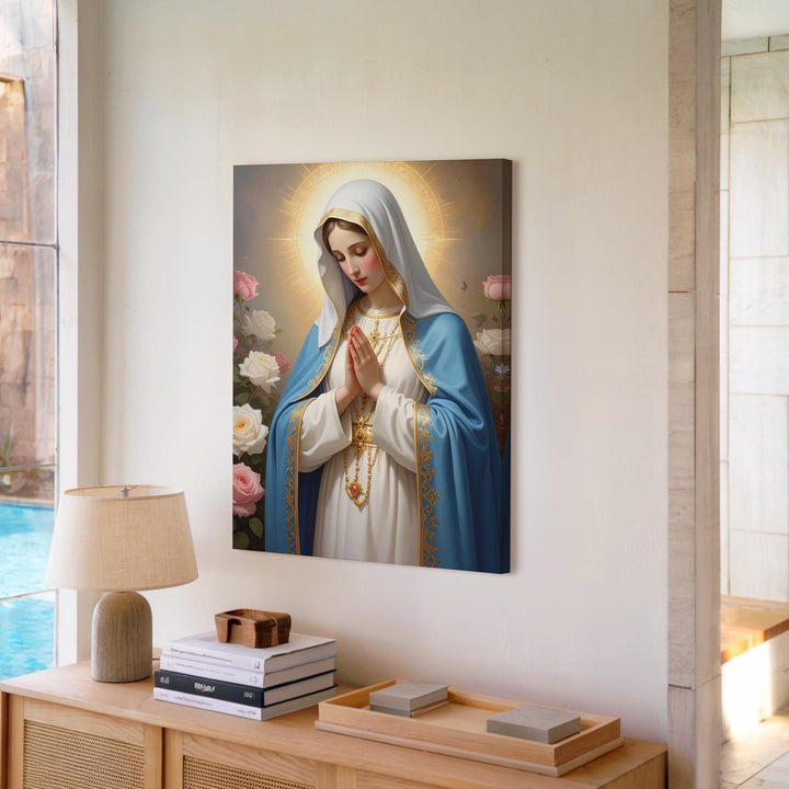 Praying Virgin Mary Canvas – Blue & White Robe with Roses and Divine Light - Gifitto