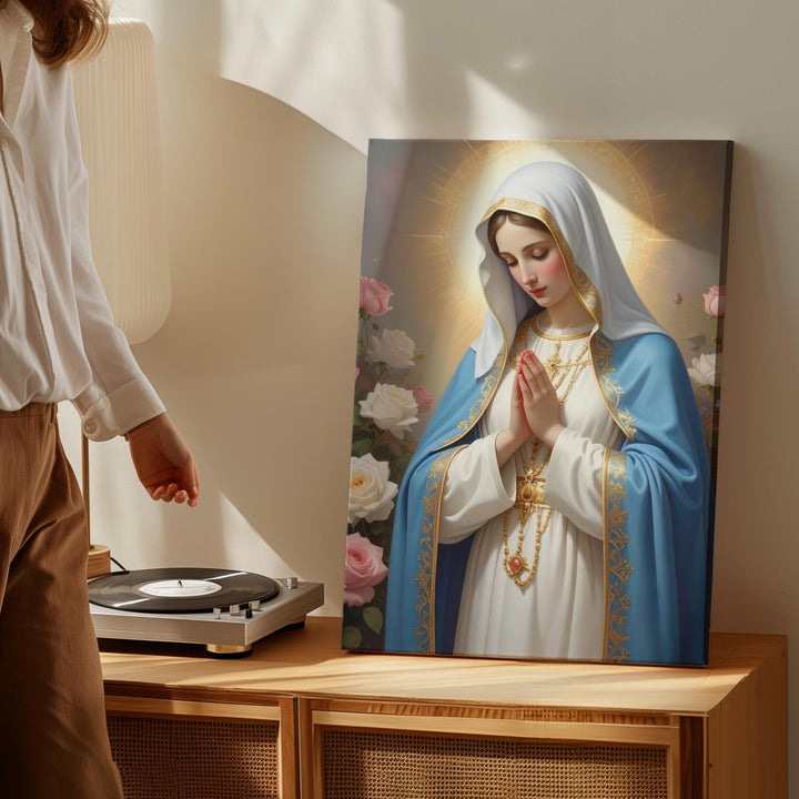 Praying Virgin Mary Canvas – Blue & White Robe with Roses and Divine Light - Gifitto