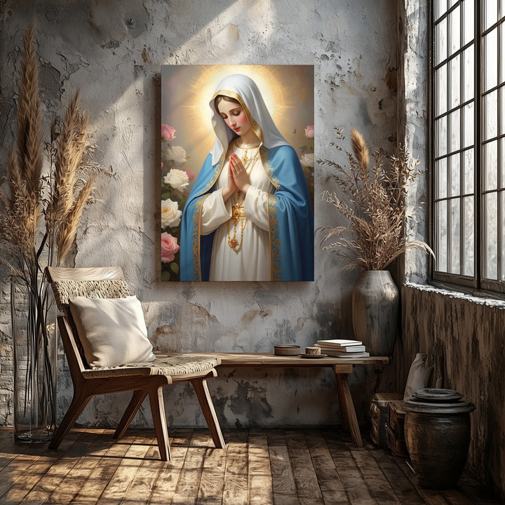 Praying Virgin Mary Canvas – Blue & White Robe with Roses and Divine Light - Gifitto