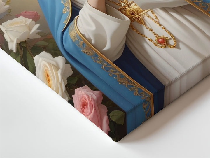 Praying Virgin Mary Canvas – Blue & White Robe with Roses and Divine Light - Gifitto