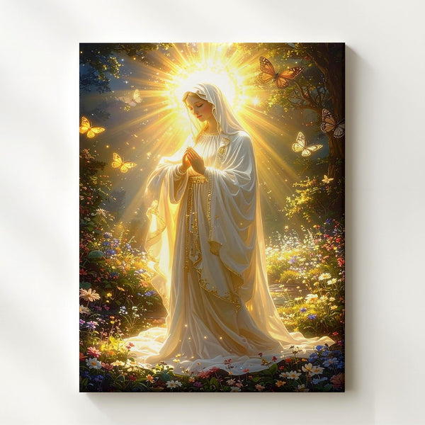 Radiant Virgin Mary Canvas – Ethereal Landscape with Butterflies & Light - Gifitto