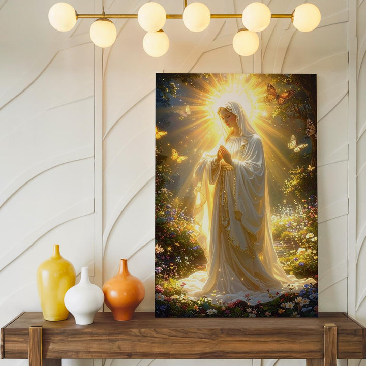 Radiant Virgin Mary Canvas – Ethereal Landscape with Butterflies & Light - Gifitto