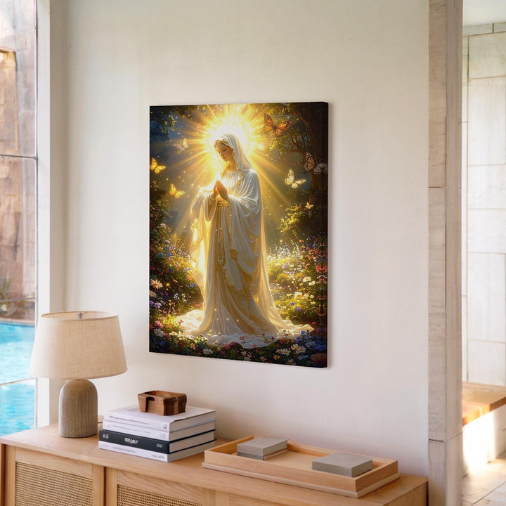 Radiant Virgin Mary Canvas – Ethereal Landscape with Butterflies & Light - Gifitto