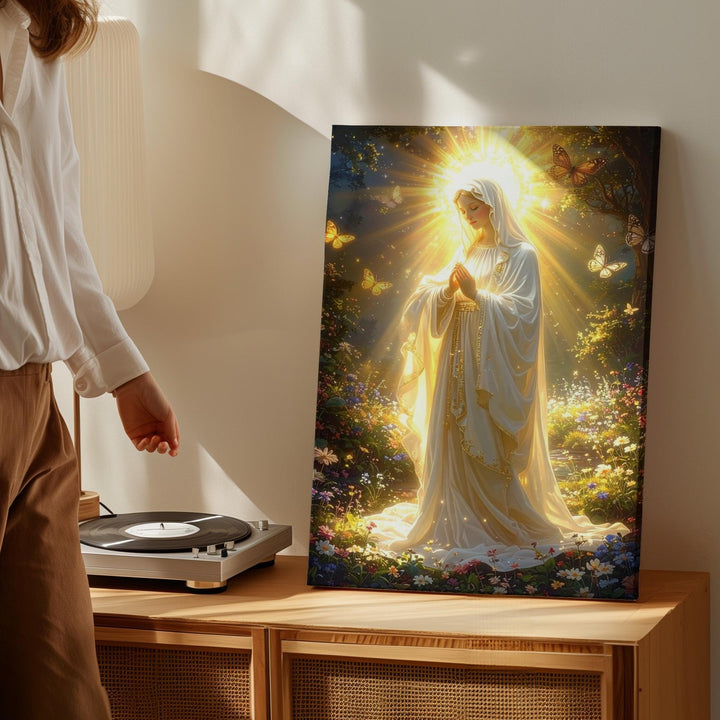 Radiant Virgin Mary Canvas – Ethereal Landscape with Butterflies & Light - Gifitto