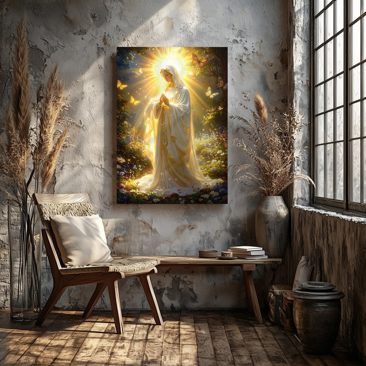 Radiant Virgin Mary Canvas – Ethereal Landscape with Butterflies & Light - Gifitto