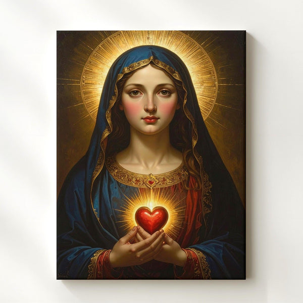 Sacred Heart of Mary Canvas – Radiant Divine Light and Deep Blue Robe - Gifitto