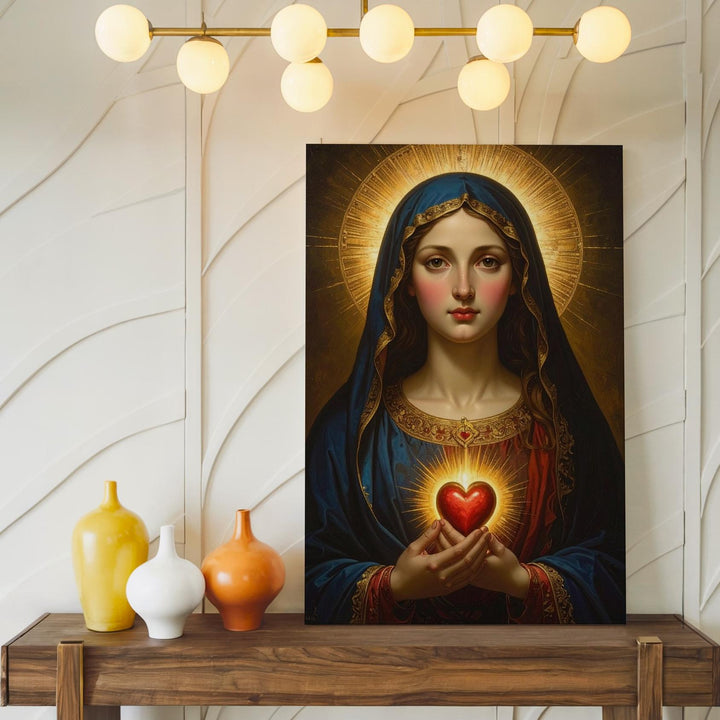 Sacred Heart of Mary Canvas – Radiant Divine Light and Deep Blue Robe - Gifitto