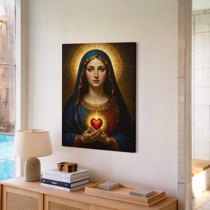 Sacred Heart of Mary Canvas – Radiant Divine Light and Deep Blue Robe - Gifitto
