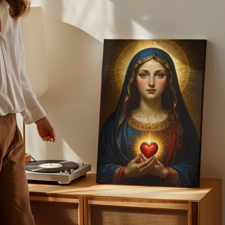 Sacred Heart of Mary Canvas – Radiant Divine Light and Deep Blue Robe - Gifitto