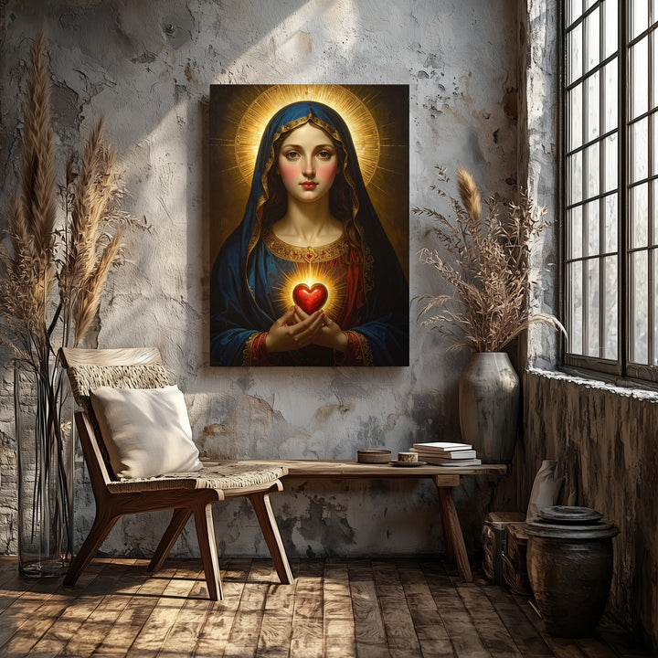 Sacred Heart of Mary Canvas – Radiant Divine Light and Deep Blue Robe - Gifitto