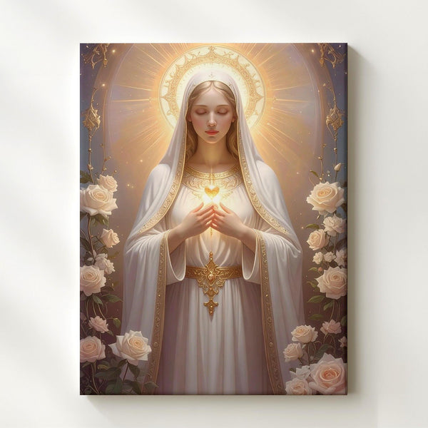 Mystical Virgin Mary Canvas – Glowing Heart with White Roses & Divine Light - Gifitto