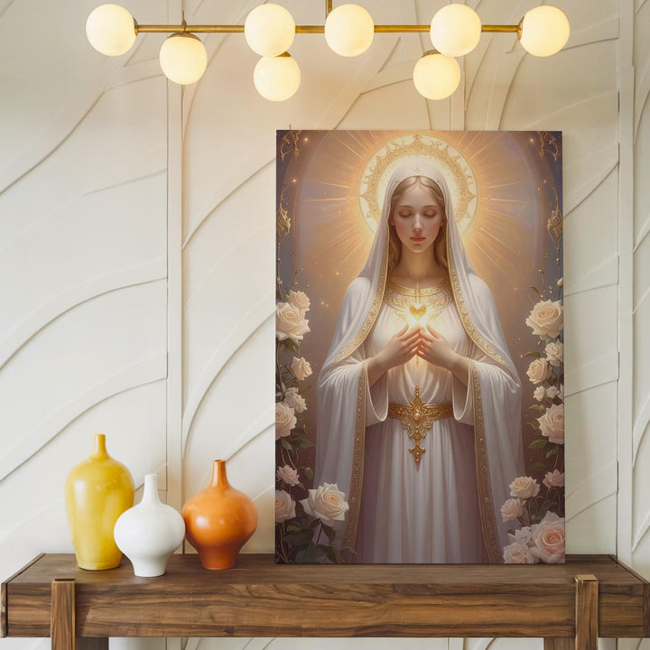 Mystical Virgin Mary Canvas – Glowing Heart with White Roses & Divine Light - Gifitto