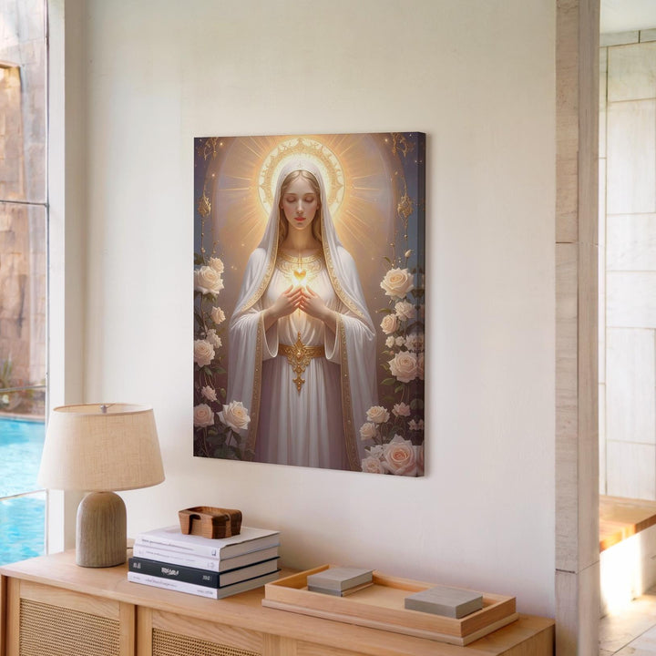 Mystical Virgin Mary Canvas – Glowing Heart with White Roses & Divine Light - Gifitto