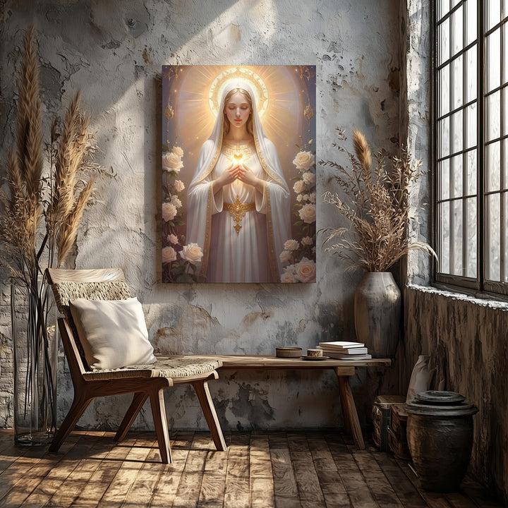 Mystical Virgin Mary Canvas – Glowing Heart with White Roses & Divine Light - Gifitto