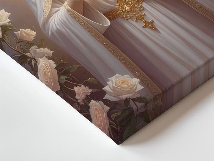 Mystical Virgin Mary Canvas – Glowing Heart with White Roses & Divine Light - Gifitto