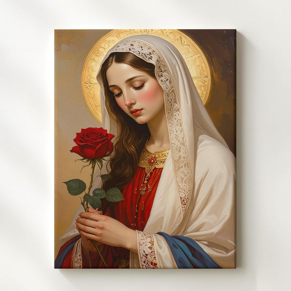 Contemplative Virgin Mary Canvas – White Veil & Red Rose Symbolism - Gifitto