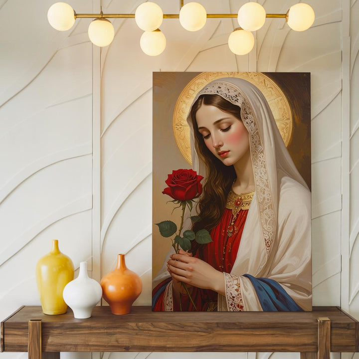 Contemplative Virgin Mary Canvas – White Veil & Red Rose Symbolism - Gifitto