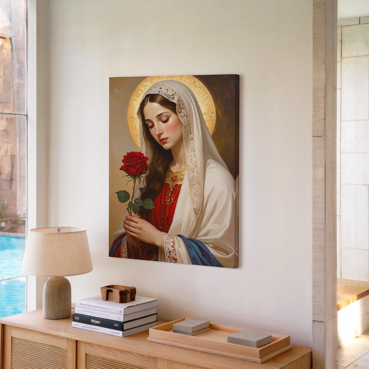 Contemplative Virgin Mary Canvas – White Veil & Red Rose Symbolism - Gifitto