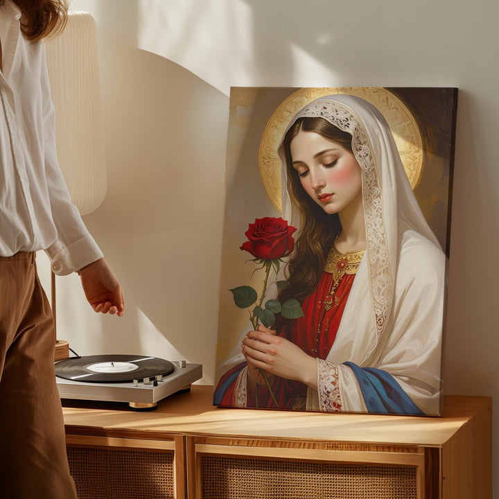 Contemplative Virgin Mary Canvas – White Veil & Red Rose Symbolism - Gifitto