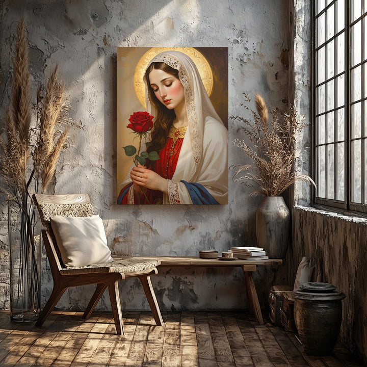 Contemplative Virgin Mary Canvas – White Veil & Red Rose Symbolism - Gifitto