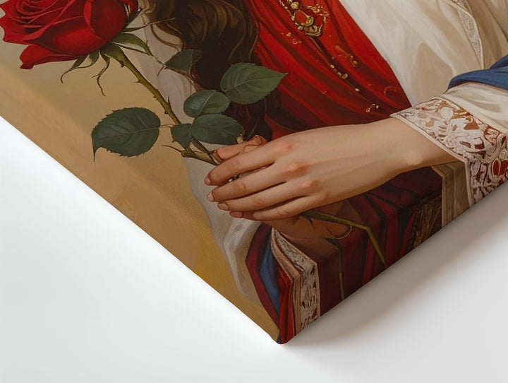 Contemplative Virgin Mary Canvas – White Veil & Red Rose Symbolism - Gifitto