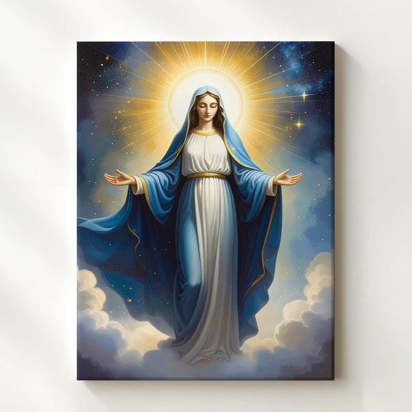 Celestial Virgin Mary Canvas – Blue Robe & Radiant Light Above Clouds - Gifitto