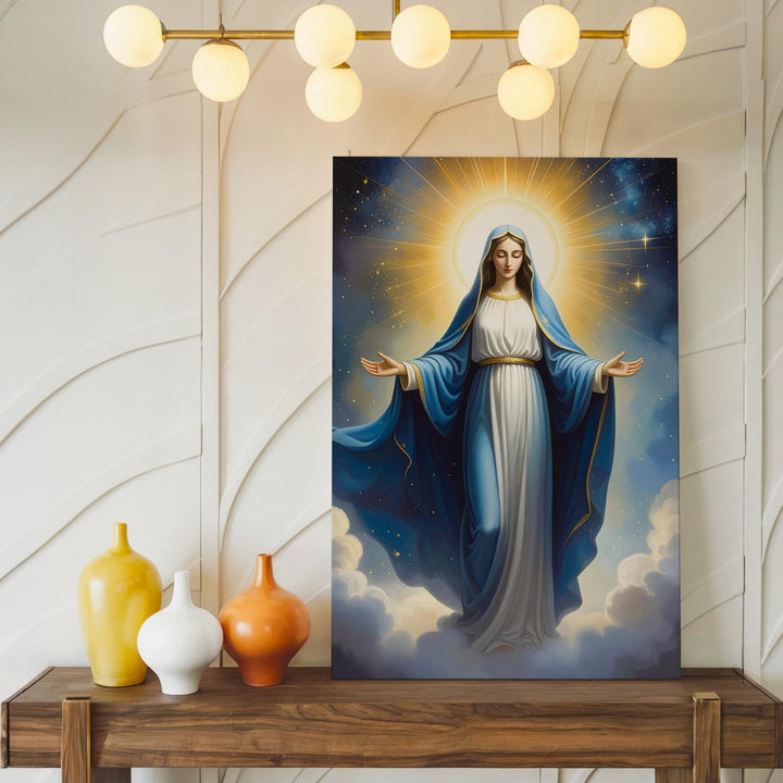 Celestial Virgin Mary Canvas – Blue Robe & Radiant Light Above Clouds - Gifitto