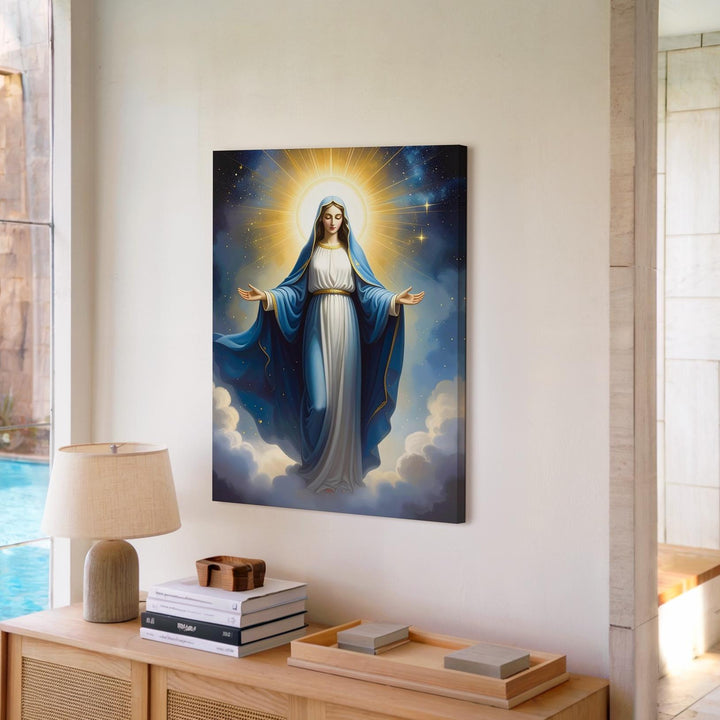 Celestial Virgin Mary Canvas – Blue Robe & Radiant Light Above Clouds - Gifitto