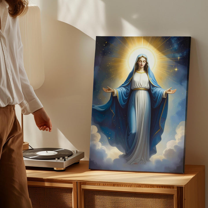 Celestial Virgin Mary Canvas – Blue Robe & Radiant Light Above Clouds - Gifitto
