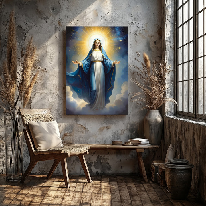 Celestial Virgin Mary Canvas – Blue Robe & Radiant Light Above Clouds - Gifitto