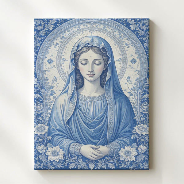 Ornamental Virgin Mary Canvas – Monochromatic Blue & White Floral Icon - Gifitto