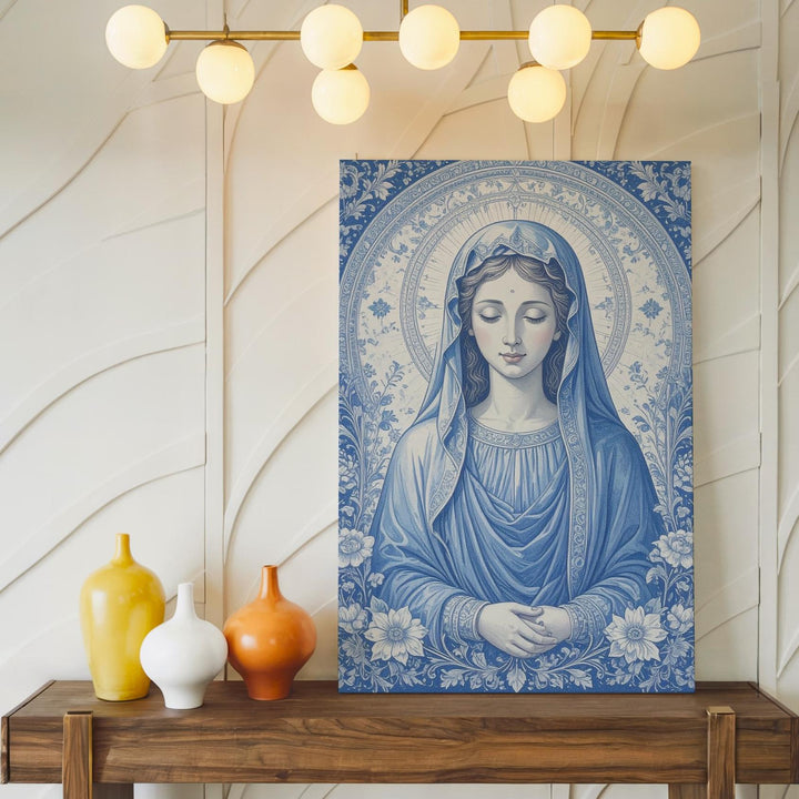 Ornamental Virgin Mary Canvas – Monochromatic Blue & White Floral Icon - Gifitto
