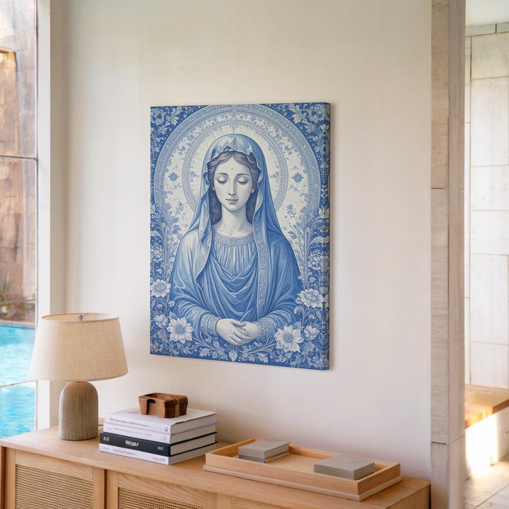 Ornamental Virgin Mary Canvas – Monochromatic Blue & White Floral Icon - Gifitto