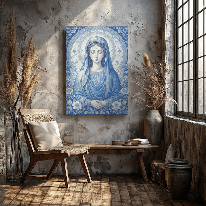 Ornamental Virgin Mary Canvas – Monochromatic Blue & White Floral Icon - Gifitto