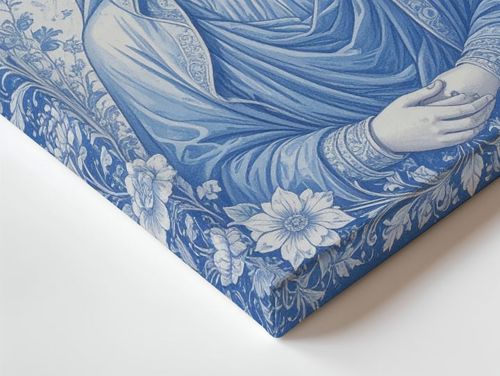 Ornamental Virgin Mary Canvas – Monochromatic Blue & White Floral Icon - Gifitto