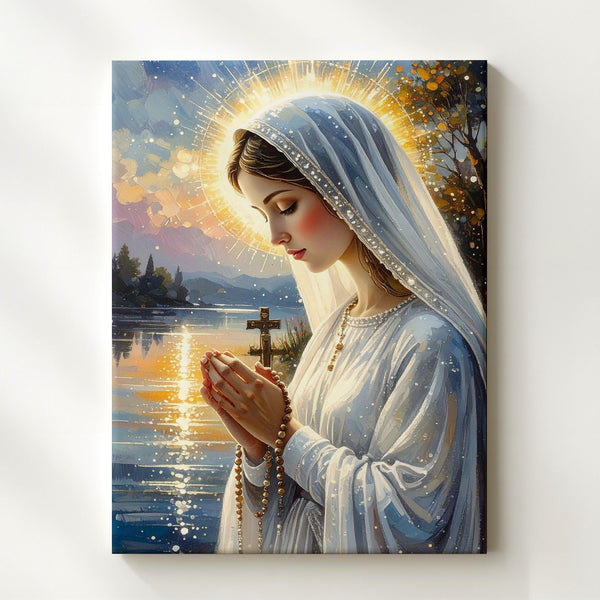 Praying Virgin Mary Canvas – Rosary in Hand with Pastel Sky & Halo Glow - Gifitto