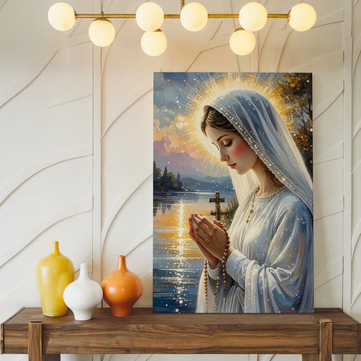 Praying Virgin Mary Canvas – Rosary in Hand with Pastel Sky & Halo Glow - Gifitto