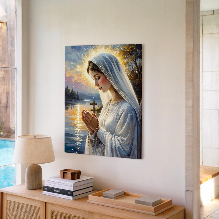 Praying Virgin Mary Canvas – Rosary in Hand with Pastel Sky & Halo Glow - Gifitto