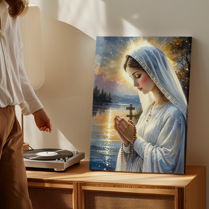 Praying Virgin Mary Canvas – Rosary in Hand with Pastel Sky & Halo Glow - Gifitto