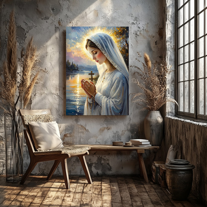 Praying Virgin Mary Canvas – Rosary in Hand with Pastel Sky & Halo Glow - Gifitto