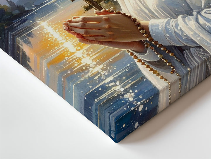Praying Virgin Mary Canvas – Rosary in Hand with Pastel Sky & Halo Glow - Gifitto