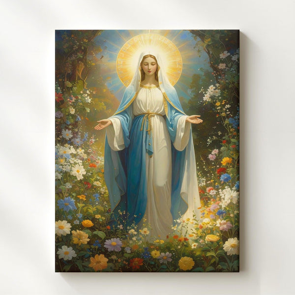 Garden Virgin Mary Canvas – Blue & White Robes with Glowing Floral Light - Gifitto