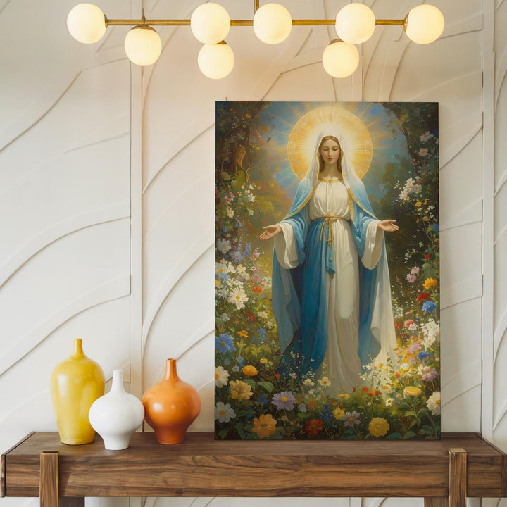 Garden Virgin Mary Canvas – Blue & White Robes with Glowing Floral Light - Gifitto