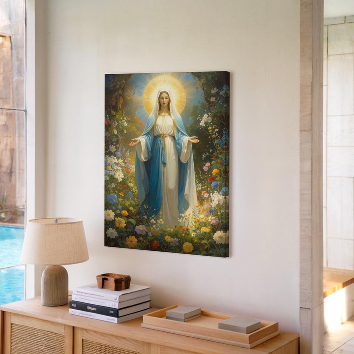 Garden Virgin Mary Canvas – Blue & White Robes with Glowing Floral Light - Gifitto
