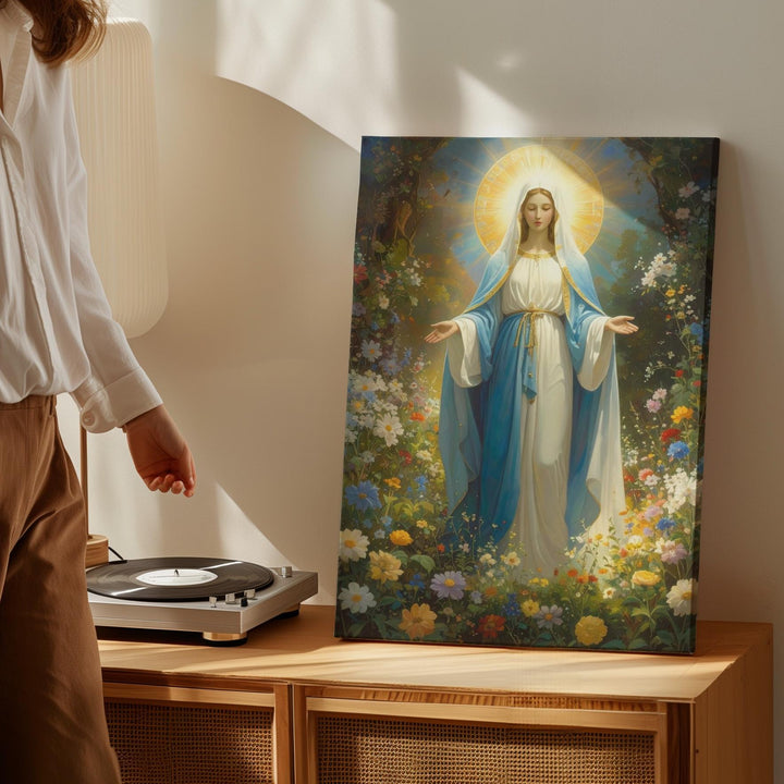 Garden Virgin Mary Canvas – Blue & White Robes with Glowing Floral Light - Gifitto