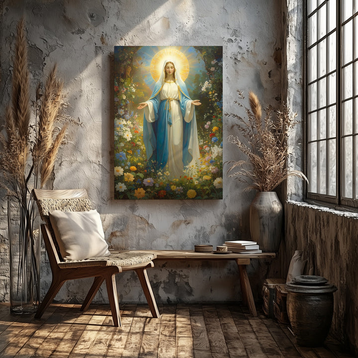 Garden Virgin Mary Canvas – Blue & White Robes with Glowing Floral Light - Gifitto