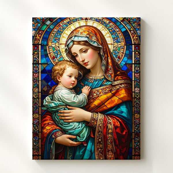 Stained Glass Virgin Mary and Baby Jesus Canvas – Vibrant Sacred Art - Gifitto