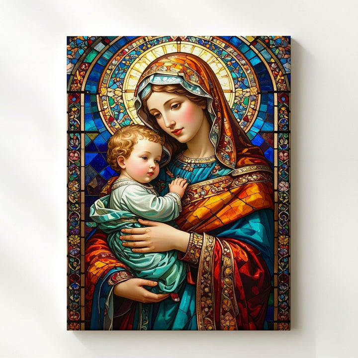 Stained Glass Virgin Mary and Baby Jesus Canvas – Vibrant Sacred Art - Gifitto