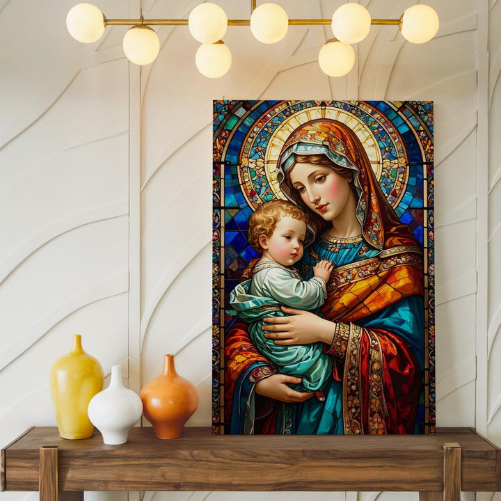 Stained Glass Virgin Mary and Baby Jesus Canvas – Vibrant Sacred Art - Gifitto